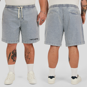 Pantalones cortos de mezclilla a rayas azules para hombre, talla grande, con cordón, cintura elástica, ajuste holgado informal, pantalones cortos de mezclilla de verano para uso diario y vacaciones - Product Image 2