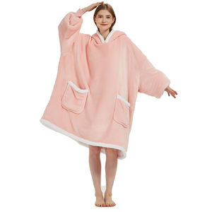 Polyester <strong>Long</strong> Sleeve Sherpa Inside Flannel Soft Fleece Oversize Warm Full Length Pink Wearable Blanket <strong>Hoodie</strong> for Men and Women - Product Image 3