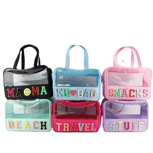 Bolsa de maquillaje transparente grande personalizada, bolsa de cosméticos para mujer, bolsa de nailon y PVC con cremallera para la playa