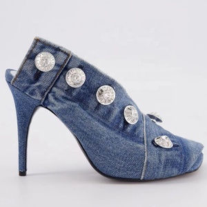 Women Buttons Denim Sandals Square Toe Stiletto High Heels Shoes Jeans <b>Slippers</b> on <b>Slides</b> Dress Mules - Product Image 6
