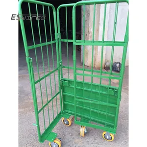 Collapsible powder coated metal mesh sided storage cage foldable roll trolley with wheel