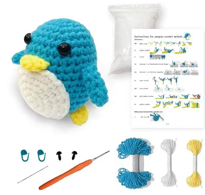 For beginners DIY penguin crochet kits with easy good quality yarn and step by step teach video crochet Animal Kit