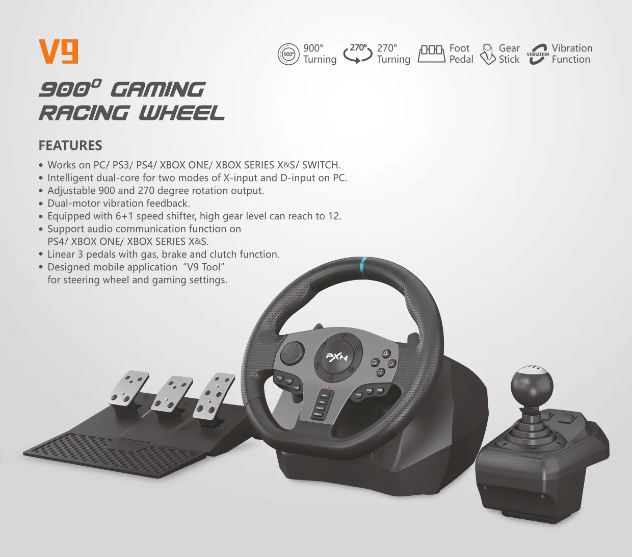 PXN V9 V10 V12 V12liteV99Simレーシングカーゲーミングステアリングホイール、ペダル付き