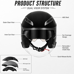 Casco Moto Aperto Omologato DOT 3/4 Retrò <span class=keywords><strong>Vespa</strong></span> Mezzo Casco con Doppia Visiera per Ciclomotore Cruiser - Product Image 3