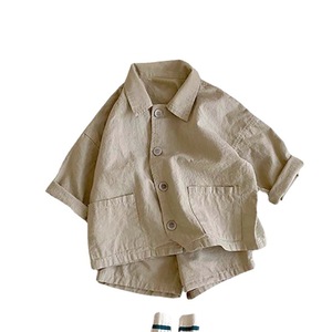 Conjunto de Dos Piezas Informal para Niños, Estilo Preppy de Verano, Camisa de Lona con Solapa y Pantalones Cortos, para Niños y Niñas, Estilo Han Fan - Product Image 5