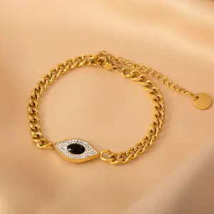 Women Fashion Cuban Link Chain 316l Stainless Steel Bracelet 18k Gold Plated AAA Zircon Black Turkish Evil Eye Nazar Bracelet