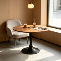 Table basse ronde Mid-Century Tulip, plateau en placage de bois, base en métal noir pour salon et café