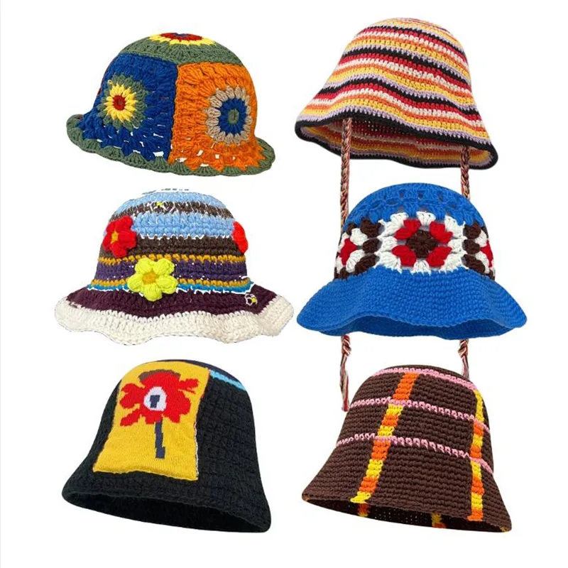 FF1571 52 Styles Casual Foldable Floppy Beach Sun Hat Trendy Handmade Floral Knitted Beanie Cap Knit Crochet Bucket Hat