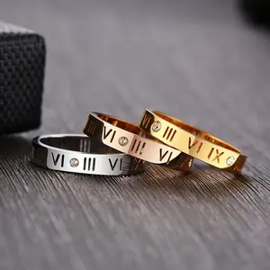 Best seller silver gold rose gold roman numerals rings zircon stainless steel cz wedding rings for women girls daily wear