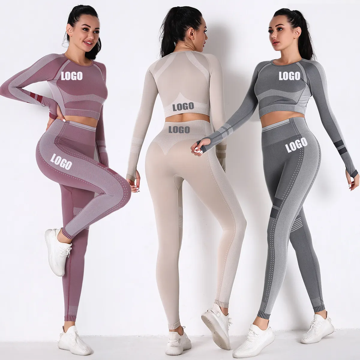 2021 fall winter women sportswear 2 pieces yoga long sleeve crop top butt lift pants sets ladies seamless knit gym clothing