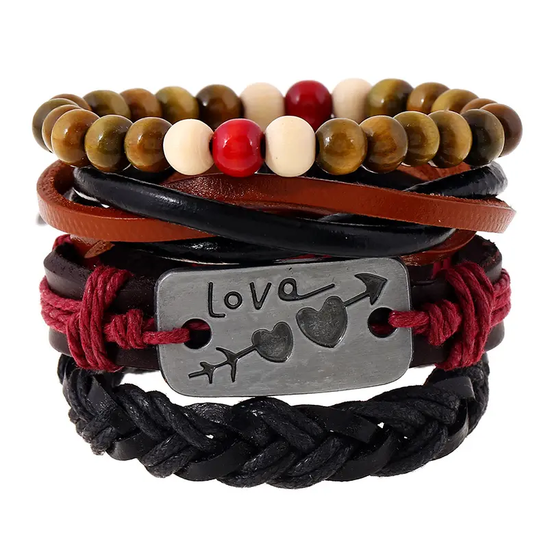 New Love Heart Leder armband Holz perlen Perlen Wrap Multilayer Hanf Seil Charm Armband für Männer Manschette Frauen Schmuck