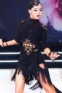 Costume de danse latine Vennystyle en polyester <span class=keywords><strong>noir</strong></span> pour femmes, manches courtes, découpes, plumes, franges, jupes <span class=keywords><strong>tutu</strong></span>, performance, compétition - Product Image 5