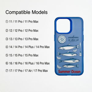 Funda de TPU mate azul con diseño de sardinas y limón dibujados a mano, cubierta de pez con estética oceánica de verano para <span class=keywords><strong>iPhone</strong></span> 17 16 15 14 13 <span class=keywords><strong>Pro</strong></span> <span class=keywords><strong>Max</strong></span> - Product Image 3
