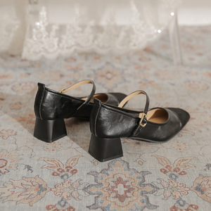 Zapatos de Tacón Alto para Mujer, de Cuero Genuino Marrón, Estilo Mary Jane, Punta Cuadrada, Tacón de Bloque, Correa con Hebilla, Cómodos para Todas las Temporadas - Product Image 4