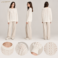 Pull en maille ajourée ivoire pour femme, col rond, manches longues, coupe décontractée, usage quotidien, personnalisable OEM, marque privée