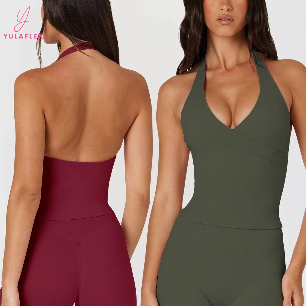 Deep V Cross Halter Yoga Tank with Removable Pads High Stretch Nylon Fitness Running Workout Top