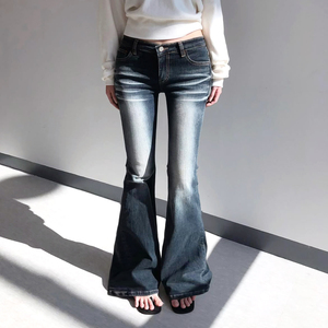 Womens Autumn Y2K <b>Low</b> <b>Rise</b> Stretch Woven Washed <b>Flare</b> Jeans Vintage Streetwear Casual Denim - Product Image 1
