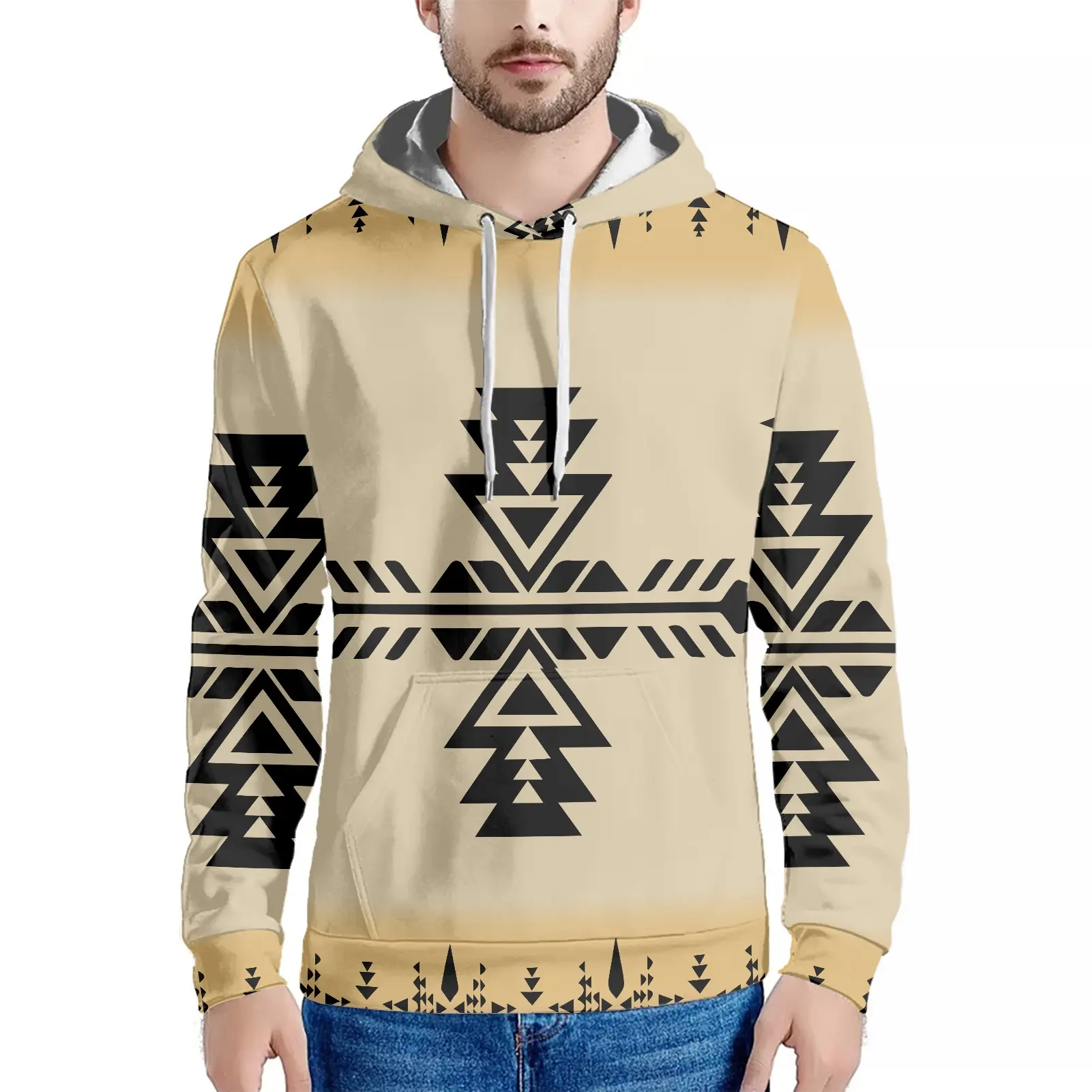 Bohemian Aboriginal Ontwerpen En Inheemse Prints Mannen Hooded Sweater Geel Jumper Mode Mannelijke Pocket Aztec Inheemse Hoodie