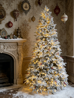 Sapin de Noël artificiel pré-éclairé effet neige, avec baies rouges et lumières chaudes pour la décoration de la maison en fêtes