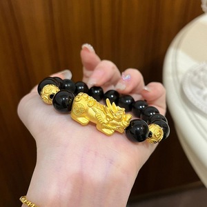 Gelang manik-manik batu Obsidian klasik pria wanita, gelang uniseks emas hitam Pixiu kekayaan keberuntungan - Product Image 3