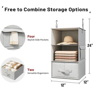 3-<b>Shelf</b> Hanging Closet Organizer Set Of 2 With Drawers For Wardrobe Clothing Storage Rectangular <b>Hook</b> Type Non Woven - Product Image 3
