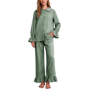 Womens Plaid Pajamas Set Cotton <b>Long</b> Sleeve Ruffle Pants <b>Matching</b> Lounge Wear Sleepwear - Product Image 1
