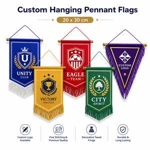 Drapeau fanion en polyester avec logo personnalisé pour équipe sportive, école, bannière murale décorative, franges à pompons, souvenir, vente en gros, cadeau - Product Image 1