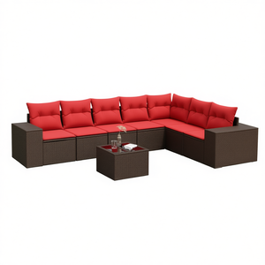 ชุดโซฟาสวนหวายสังเคราะห์สีน้ำตาลพร้อมเบาะรองนั่ง 9 ชิ้น เฟอร์นิเจอร์กลางแจ้งดีไซน์ร่วมสมัยสำหรับใช้ในสวน - Product Image 1