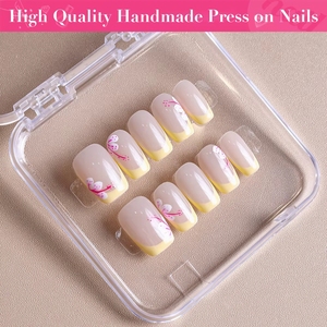 10 <span class=keywords><strong>Uñas</strong></span> Postizas Acrílicas Francesas <span class=keywords><strong>Pintadas</strong></span> a Mano <span class=keywords><strong>con</strong></span> Diseño Floral, <span class=keywords><strong>Uñas</strong></span> Artificiales Reutilizables <span class=keywords><strong>con</strong></span> Adhesivo, Paquete Personalizado - Product Image 2