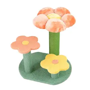 Cute Wooden Cat Tree Tower with Sisal Flower Palm Design Includes Leaves for Cats Condo House Scratcher