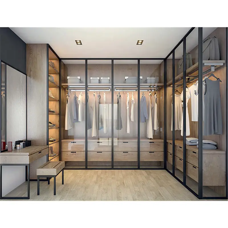 Hot sale bedroom furniture modern design glass door wooden wardrobe walk in close