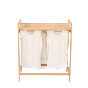 Bamboo Laundry Rack Double <b>Canvas</b> Bag Storage <b>Frame</b> For Home Bathroom Use - Product Image 5