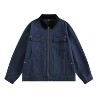 Blouson en jean bleu marine pour homme, décontracté, hiver, à capuche, entièrement zippé, antibactérien, respirant, doublure polaire écologique, gaufré