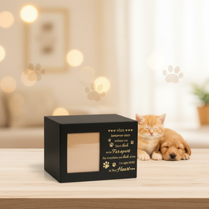 Haustier-Gedenkurne für Asche - Schwarze Holz-Erinnerungsbox mit Pfotenabdruck-Gravur & Fotohalter - Product Image 3