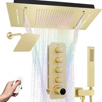 Système de Douche Double à Fixation Plafond 12x24 pouces, Pommeau LED 6 pouces, Pommeau Mural 4 Fonctions, Douchette à Bouton, Robinet Doré Brossé