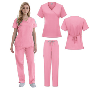 Women's <b>Scrub</b> Suit <b>Set</b> Short Sleeve V Neck Moisture Wicking Hospital Uniforms For Nurses Surgeons Split Design With Label - Product Image 2