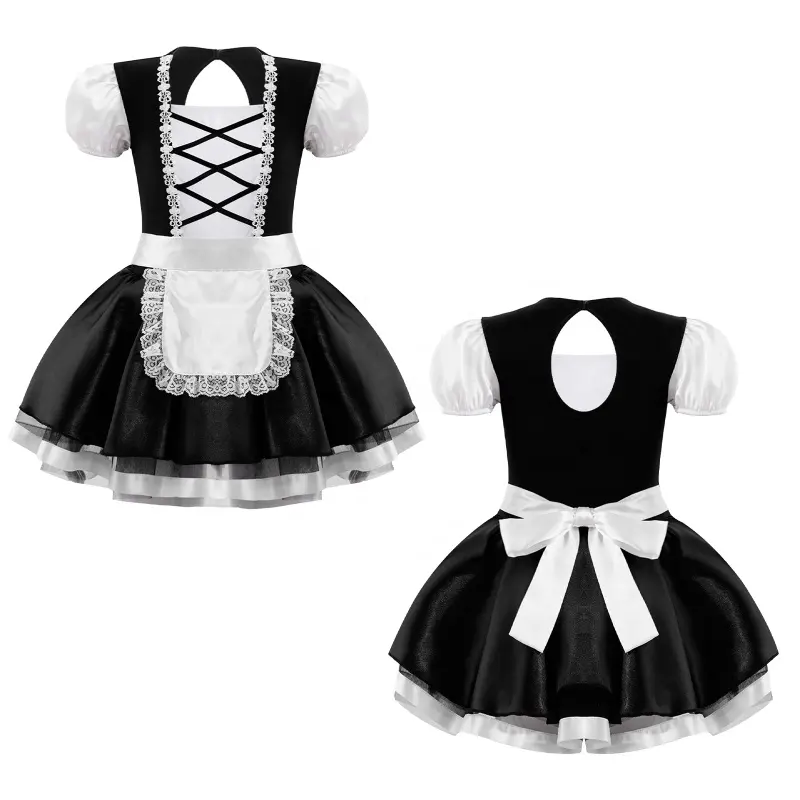 Популярное черное детское Сетчатое платье-пачка с короткими рукавами для девочек, трико, костюм горничной для косплея с фартуком