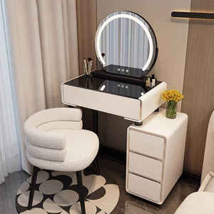 Table de maquillage en <span class=keywords><strong>bois</strong></span> crème avec miroir LED, idéale pour les petits appartements et les chambres principales - Product Image 1