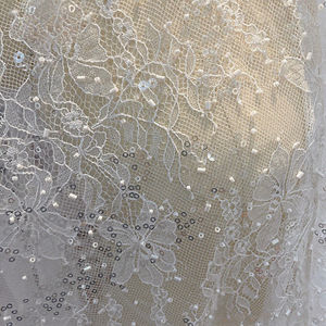 Tissu de dentelle élégant brodé à la main en maille naturellement blanche, orné de perles exquises, toucher doux, avec sequins, idéal pour la base d'une robe de mariée. - Product Image 3