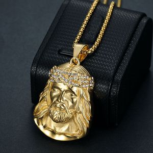 Collier pendentif visage de Jésus en acier titane plaqué or avec serti pavé, bijoux hip-hop pour homme, cadeau - Product Image 1