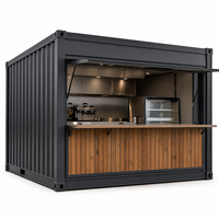 Unité de café-bar en conteneur, comptoir de service vitré, base revêtue de bois, kiosque modulaire pour terrasse extérieure et événements