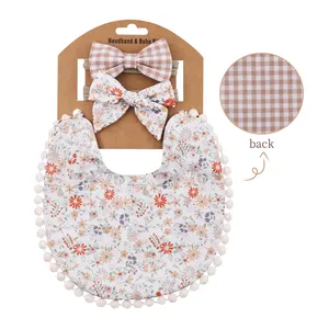 3pcs/set Infant Baby Girl Bibs Double Side Linen Embroidery Bibs Toddler Saliva Towel Feeding Burp With Hair Bows