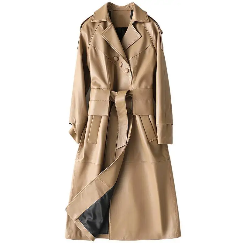 2022 New arrival belted trench coat women jackets genuine leather long brown coat