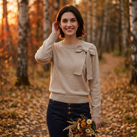 Pull en maille à nœud sur l'épaule pour femme, manches longues, col rond, couleur unie, épaules bouffantes, style bureau, preppy, coquette, vente en gros