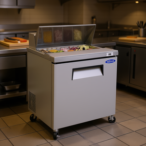 Table de préparation pour sandwichs et salades Orikool de 29 pouces, réfrigération commerciale, avec couvercle de protection, porte simple, refroidissement électrique - Product Image 2