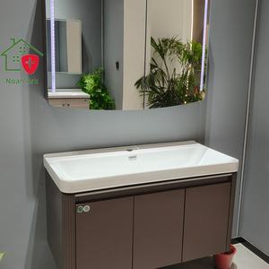 Mueble de Baño de Madera Maciza Marrón de Tres Puertas, Resistente al Agua, con Encimera Blanca, Lavabo de Cerámica, Espejo Arqueado y Luz LED - Product Image 3