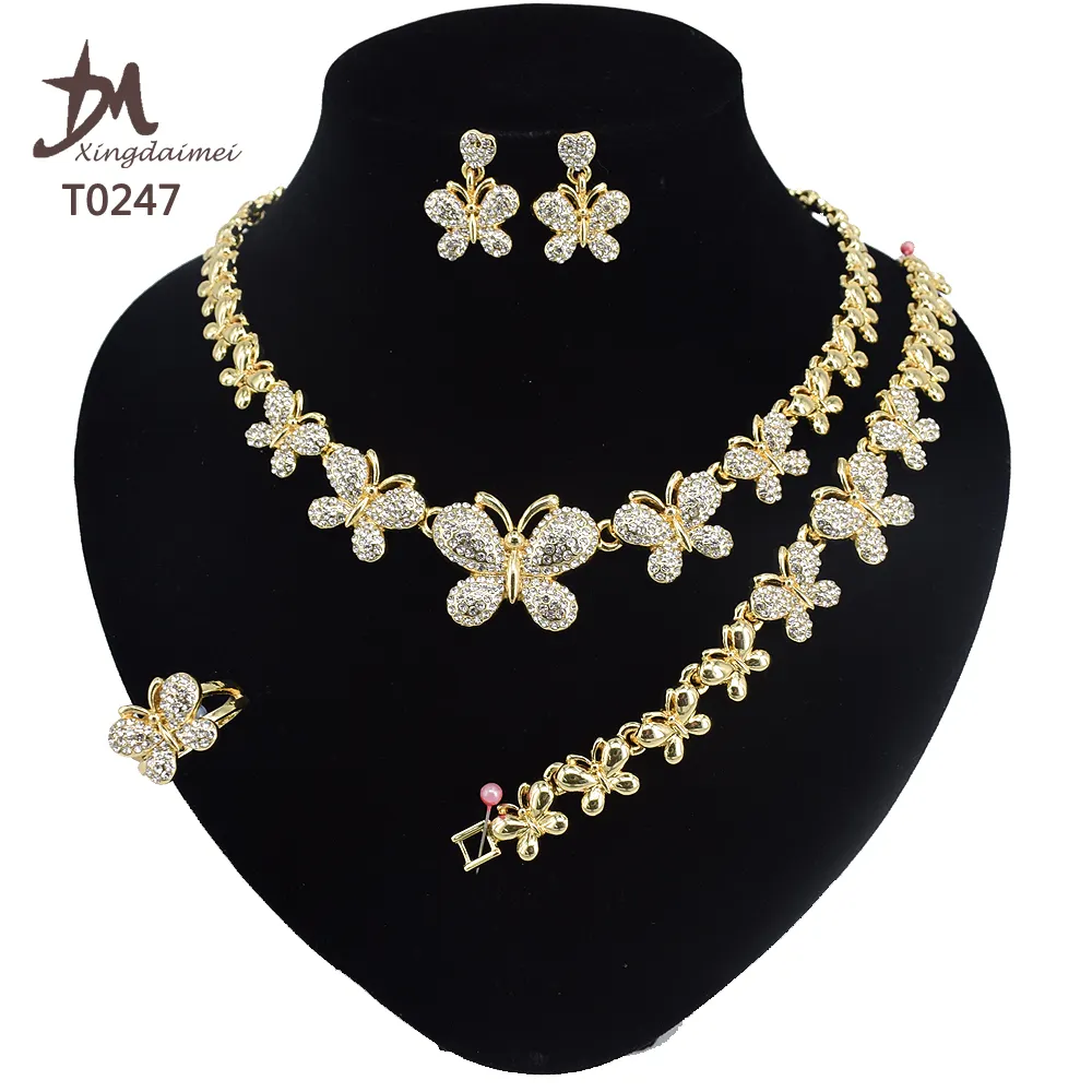 T0247 Wholesale set jewelry gold 18k 4piece Diamond butterfly gold plating jewelry 18k jewelry set