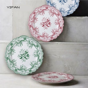 طقم عشاء من البورسلين العظمي حافة دانتيل أطباق ملونة زهور ديكور أدوات مائدة زفاف طقم عشاء سيراميك مخصص - Product Image 2