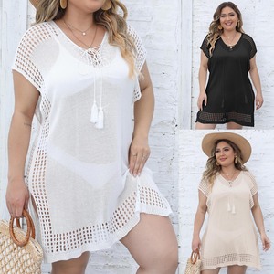 Robe de plage grande taille pour femmes, col en V profond, à nouer devant, tissée, sexy, pour les vacances, vêtement de plage pour bikini, pour commande en gros - Product Image 2