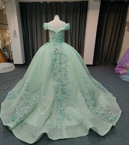 Lsany227 Robe de bal vert sauge, longueur ras du sol, avec traîne chapelle, dentelle florale et perles 3D, pour Quinceañera et fête d'anniversaire - Product Image 3